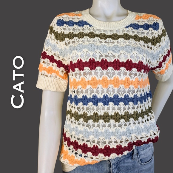 Cato 100% Cotton Open Crochet Knit Short Sleeve Sweater Size Medium Boho Stripe - Picture 1 of 9